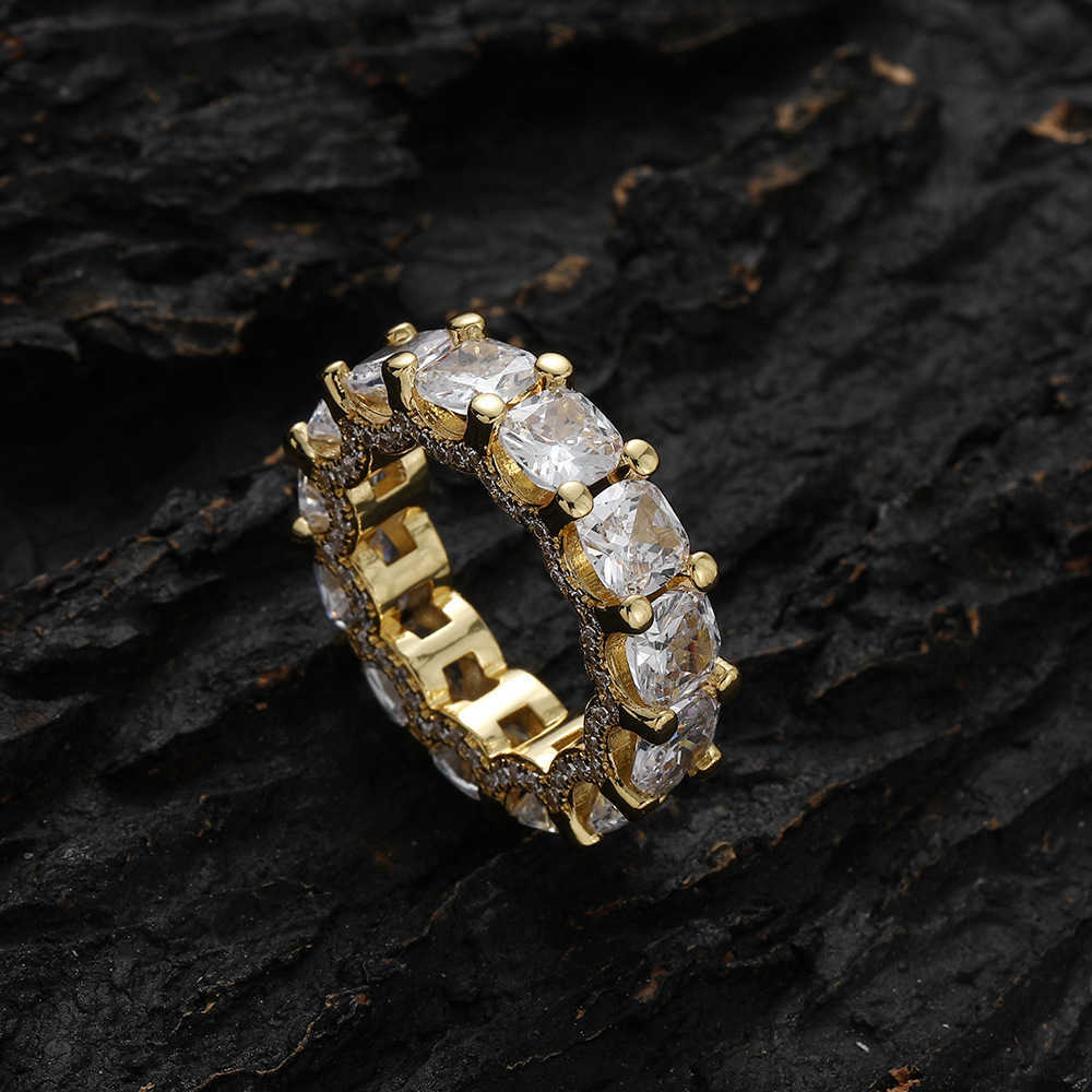 7mm Width Square Cubic Zirconia Ring Hip Hop Copper Prong Cz Stones Tennis Hip Hop Single Row Rings 18k Yellow Gold Iced Out Crystal Rapper Jewelry Ac