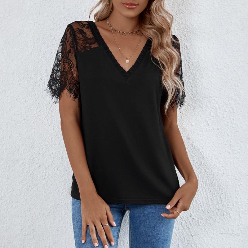 Women' Tanks Women' Temperament Lace Short Sleeve T Shirts Female Loose Solid Color Tank Vest Top V Neck Casual Tees Mujer De Moda, Black
Women' Tanks Women' Temperament Lace Short Sleeve T Shirts Female Loose Solid Color Tank Vest Top V Neck Casual Tees Mujer De Moda, Black