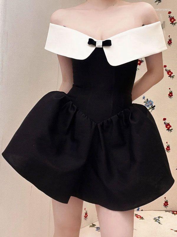 Casual Dresses Shoulder Bow Tie Waist Contrast Color Dress For Women's Summer 2023 Diamonds Bouffant