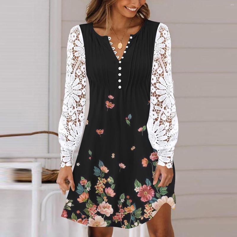 Casual Dresses Women Gradient Printing Crew Neck Button Pleated Lace Hollow Stitching Long Sleeve Mini Dress Juniors