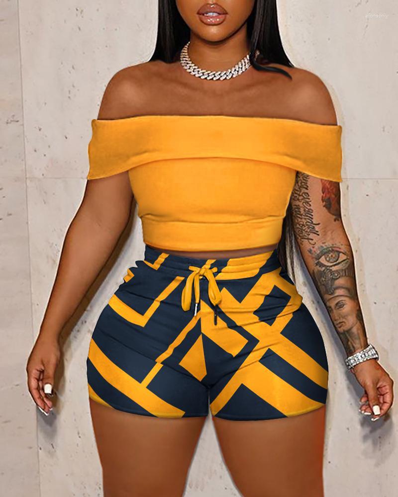 Women' Tracksuits Off Shoulder Crop Top & Geometric Print Shorts Set Women Spring Summer Slash Neck Short Sleeve Tops Blouse Pants, Yellow
Women' Tracksuits Off Shoulder Crop Top & Geometric Print Shorts Set Women Spring Summer Slash Neck Short Sleeve Tops Blouse Pants, Yellow