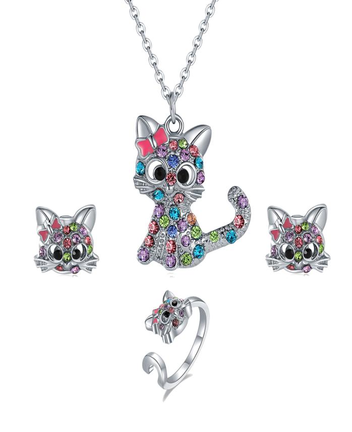 Cute Cartoon Cat Necklace Earrings Ring Set Spot Color Kitten Childrens Animal Jewelry Sets4694522, Silver
Cute Cartoon Cat Necklace Earrings Ring Set Spot Color Kitten Childrens Animal Jewelry Sets4694522, Silver