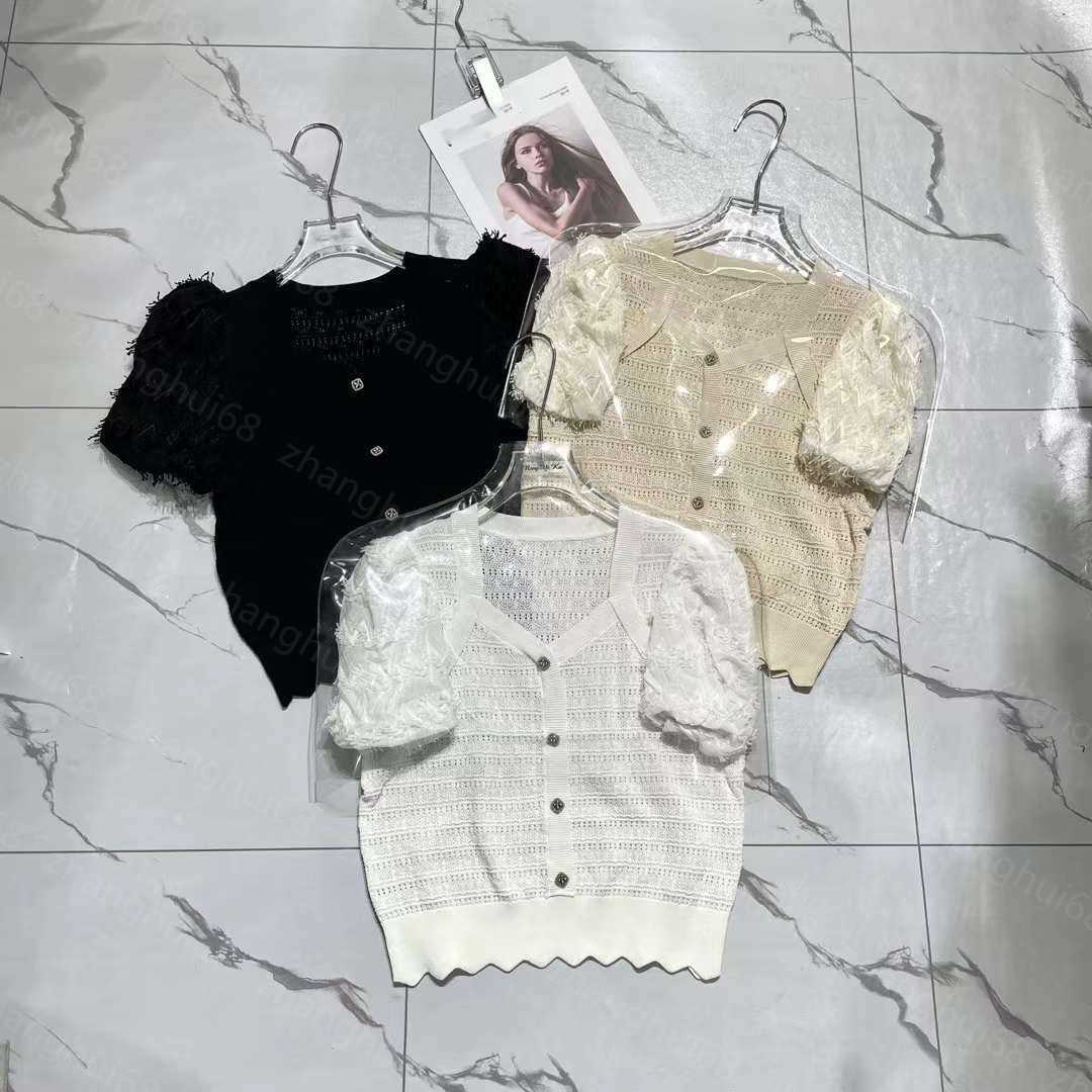 23ss womens designer clothing Womens Knits Solid color Puffed sleeve splice cutout knit short-sleeved cardigan tops High quality womens clothes, Black
23ss womens designer clothing Womens Knits Solid color Puffed sleeve splice cutout knit short-sleeved cardigan tops High quality womens clothes, Black