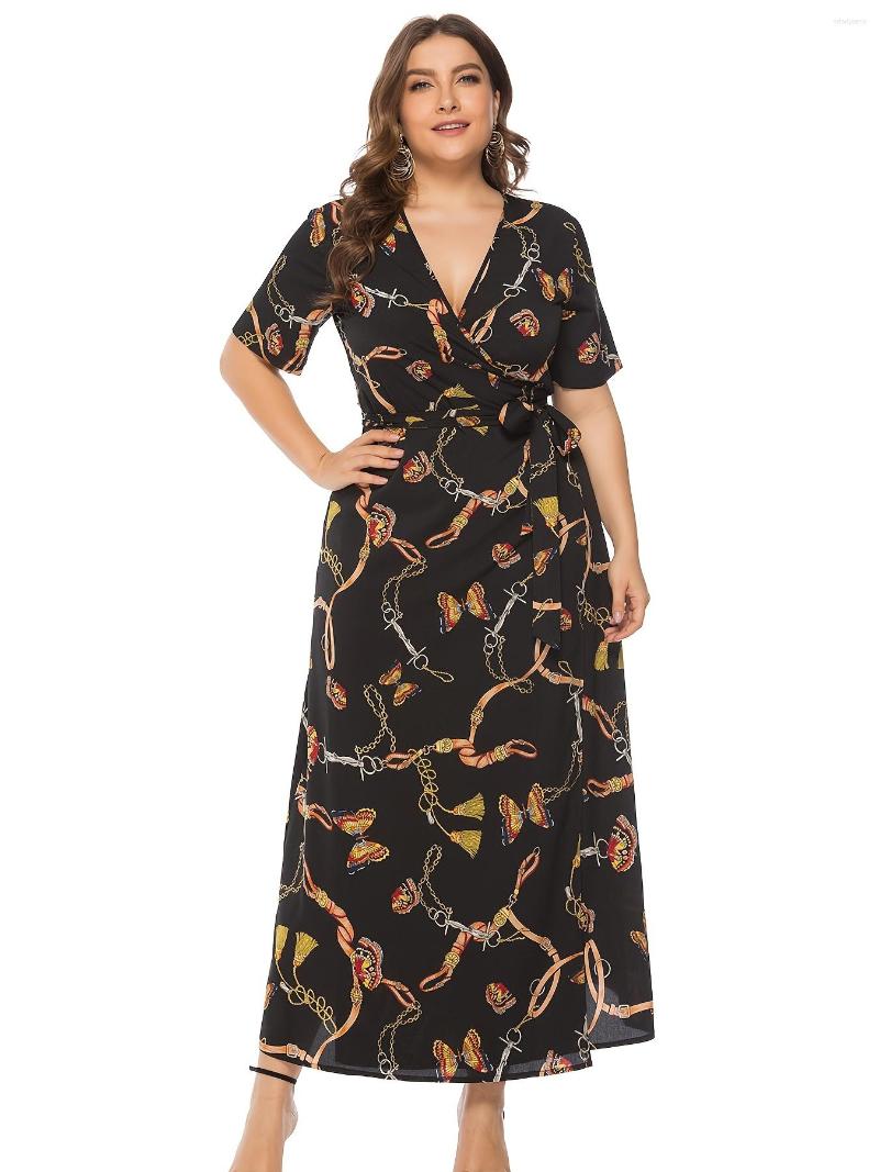 

Plus Size Dresses Butterfly Print Short Sleeve Cami Dress Women's Casual V Neck Side Knot Long, Black