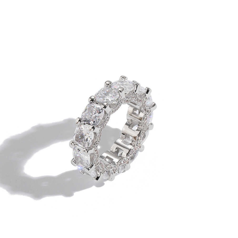 7mm Width Square Cubic Zirconia Ring Hip Hop Copper Prong Cz Stones Tennis Hip Hop Single Row Rings 18k Yellow Gold Iced Out Crystal Rapper Jewelry Ac