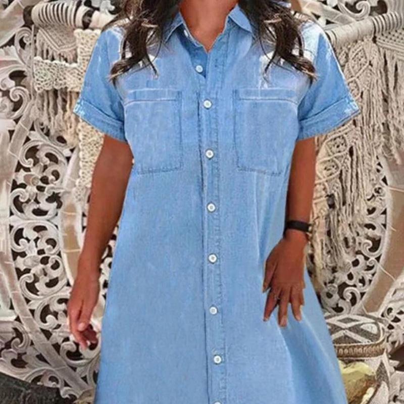 Casual Dresses Stylish Jean Dress Ladies Denim Short Sleeve Buttons Knee Length Relaxed-Fit