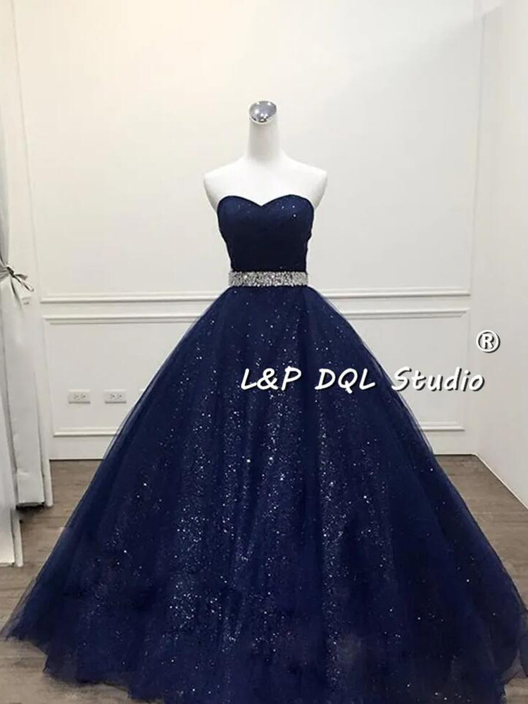 Stunning Navy Blue Ball Gown Prom Dress Bling Bling Quinceanera Dress Shining Sash Long vestidos festa Formal