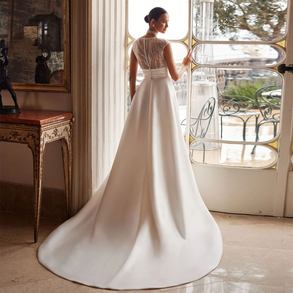 Elegant White Wedding Dress V-Neck Sequins Beads Cap Sleeve Bridal Gown Front Slit Sweep Train Vestidos De Novia