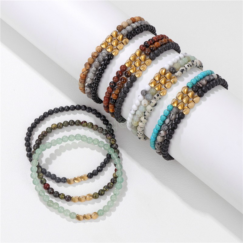 3pcs/set Gold Color Twisted Beads Bracelet 4MM Natural Stone Braided Bracelet Set For Women Men Lapis Lazuli Turquoises Bangles