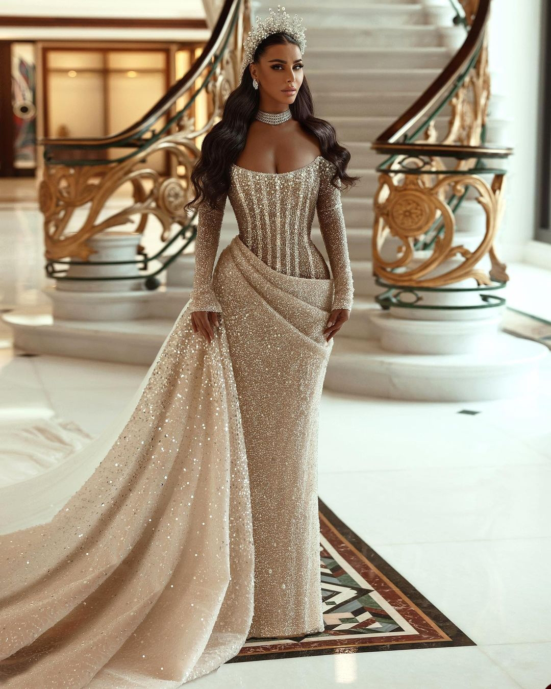 Elegant Bateau Long Sleeves Pleated Mermaid Wedding Dress with Detachable Train