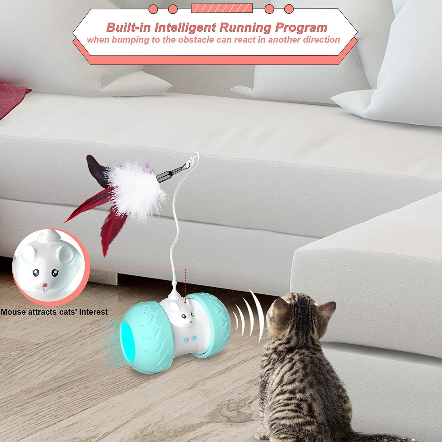 Interactive Cat Indoor Automatic Kitten Toys Electronic with Mouse and 3 Feathers for Cats to Play Alone Exercise 230625