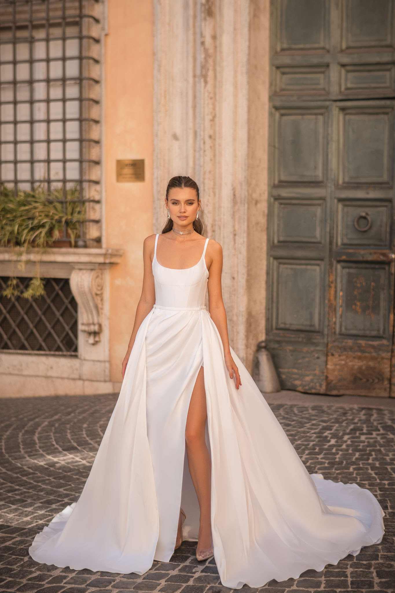 Elegant Satin A-line Bridal Gown with Spaghetti Straps, Thigh-high Slit and Detachable Overskirt