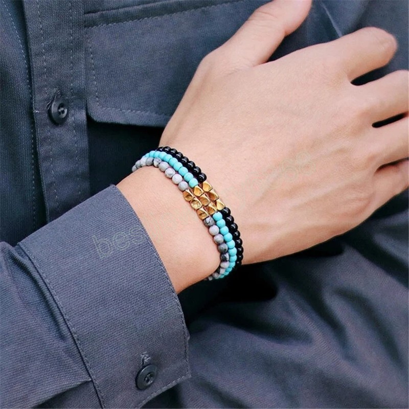 3pcs/set Gold Color Twisted Beads Bracelet 4MM Natural Stone Braided Bracelet Set For Women Men Lapis Lazuli Turquoises Bangles