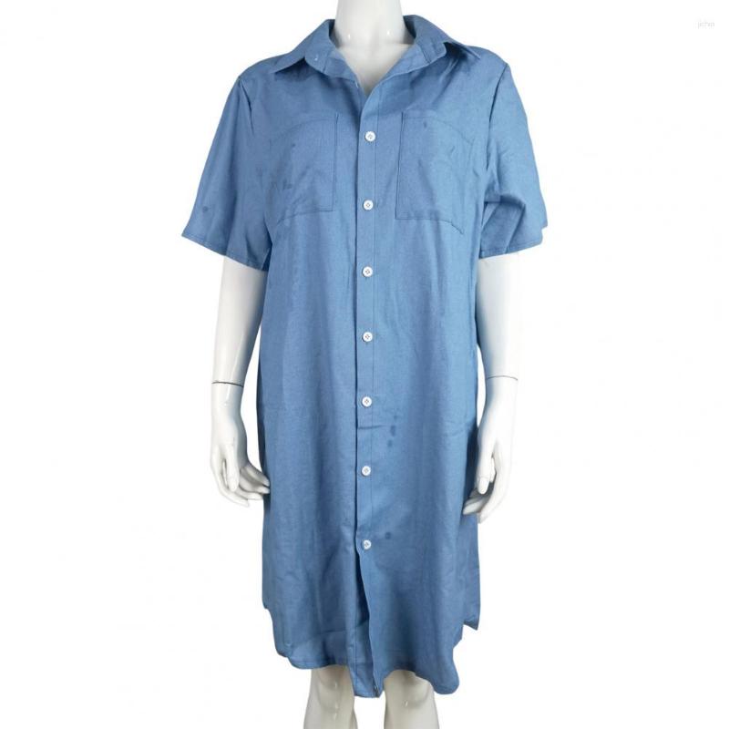 Casual Dresses Stylish Jean Dress Ladies Denim Short Sleeve Buttons Knee Length Relaxed-Fit