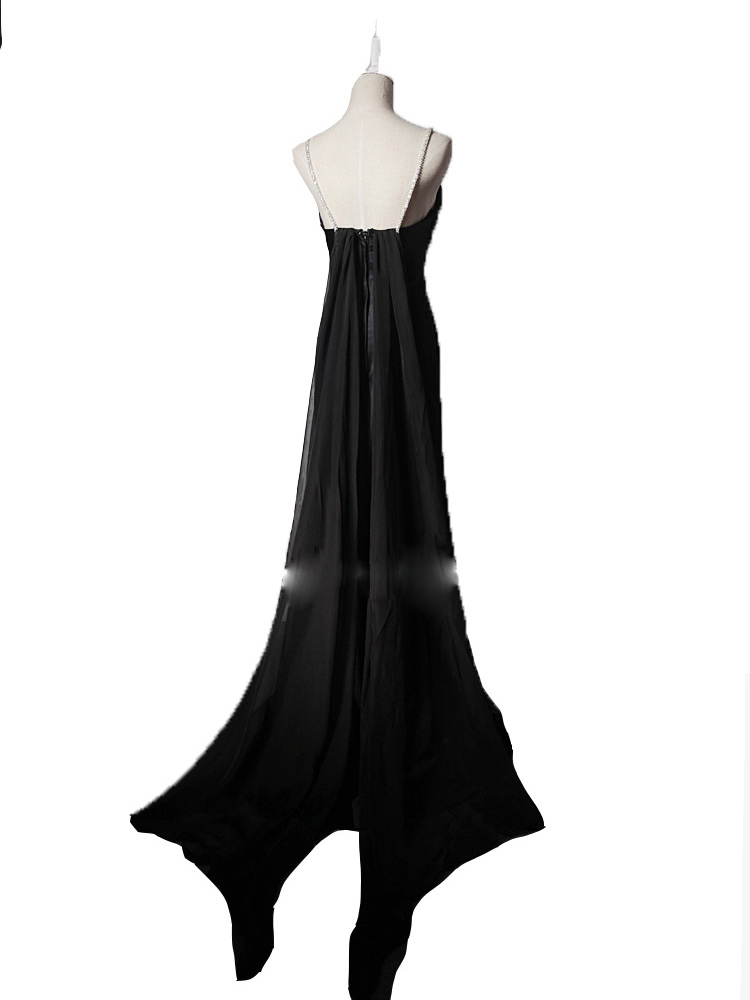 Sexy Black Evening Dress Long Prom Gowns Simple Design with Shining Beading Crystal Along the Strap