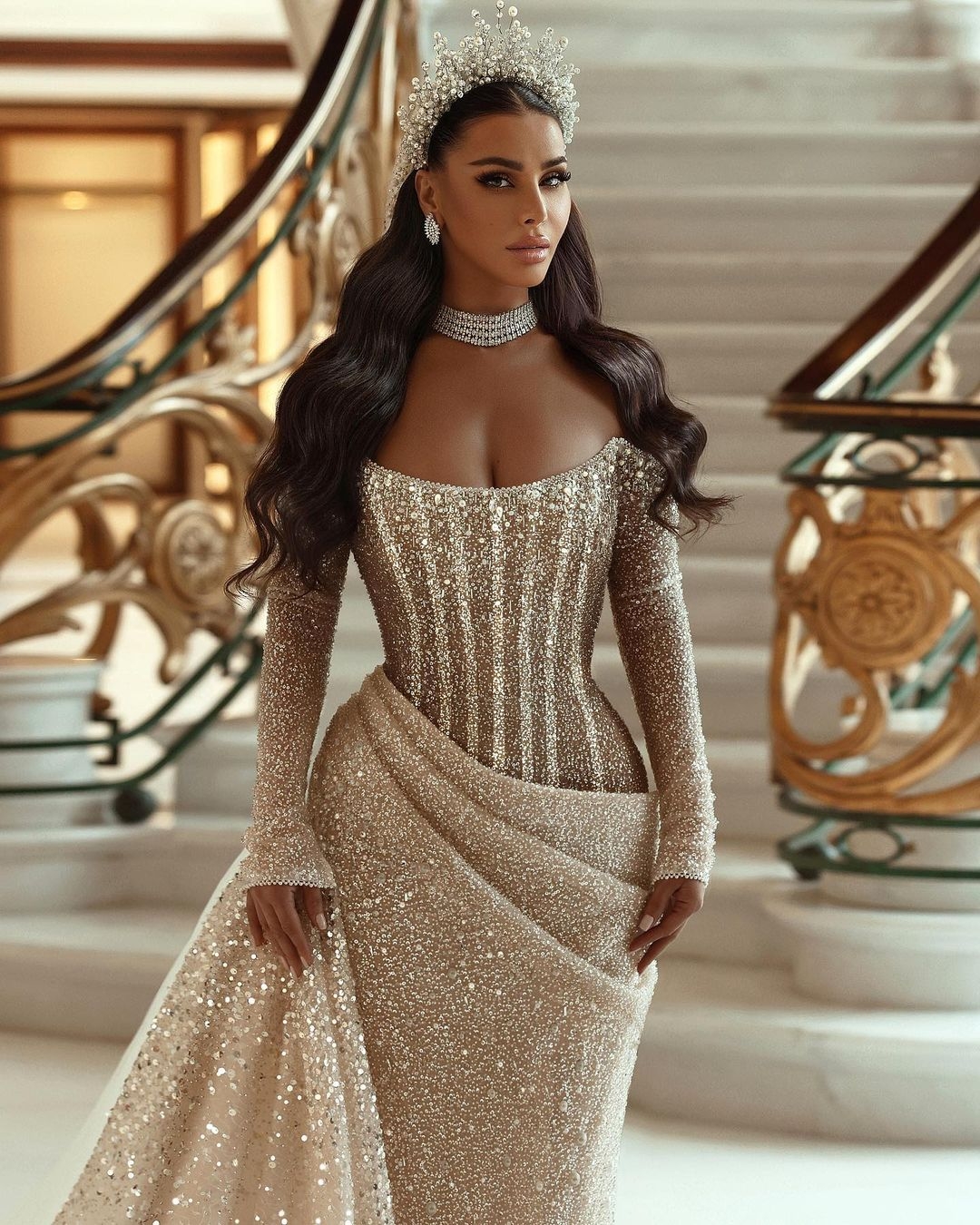 Elegant Bateau Long Sleeves Pleated Mermaid Wedding Dress with Detachable Train