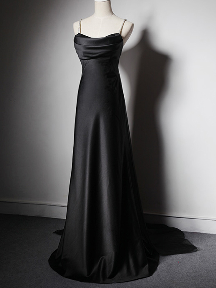 Sexy Black Evening Dress Long Prom Gowns Simple Design with Shining Beading Crystal Along the Strap