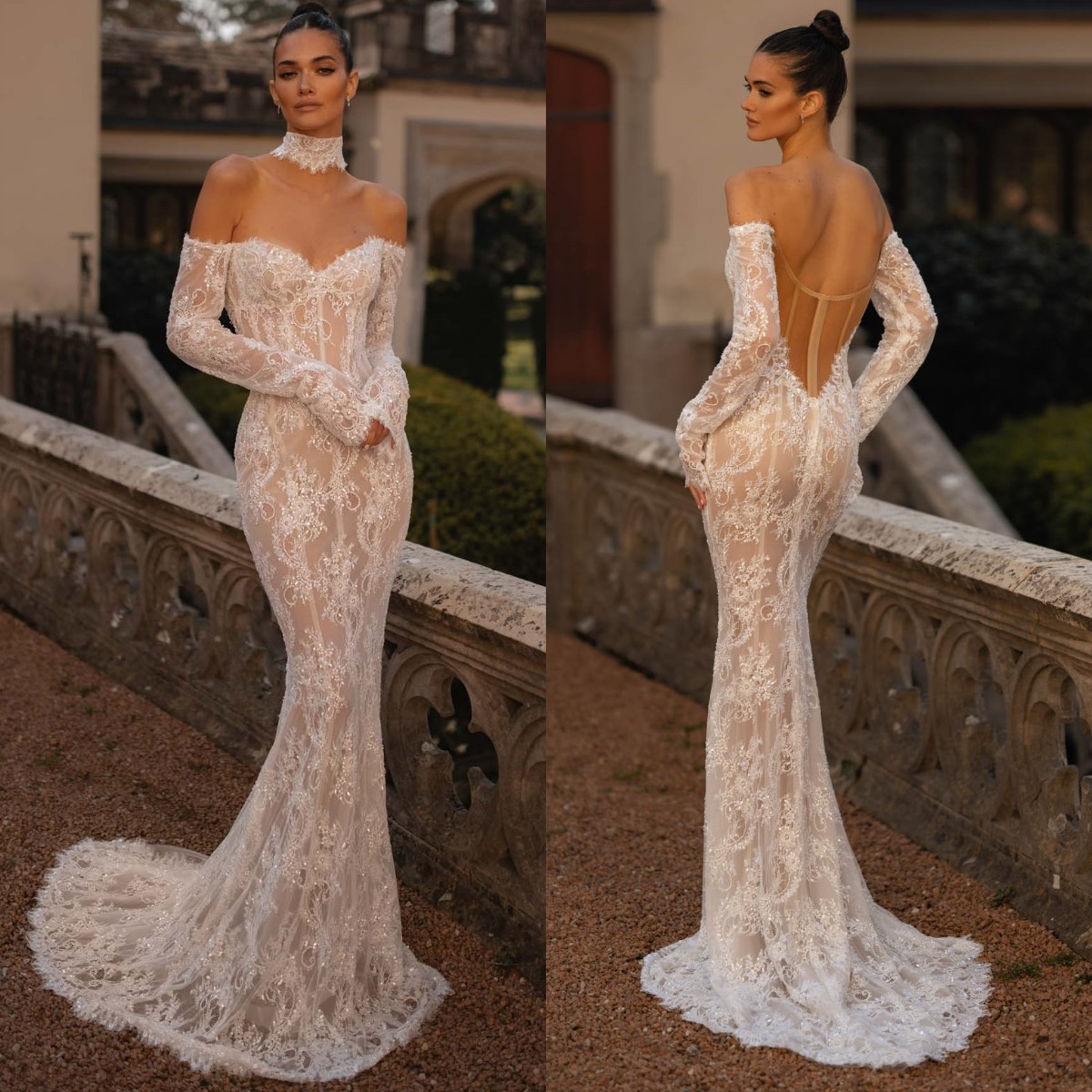Berta Lace Mermaid Dresses Off Shoulder Sleeves Wedding Dress sweep train Illusion Back wedding bridal gowns