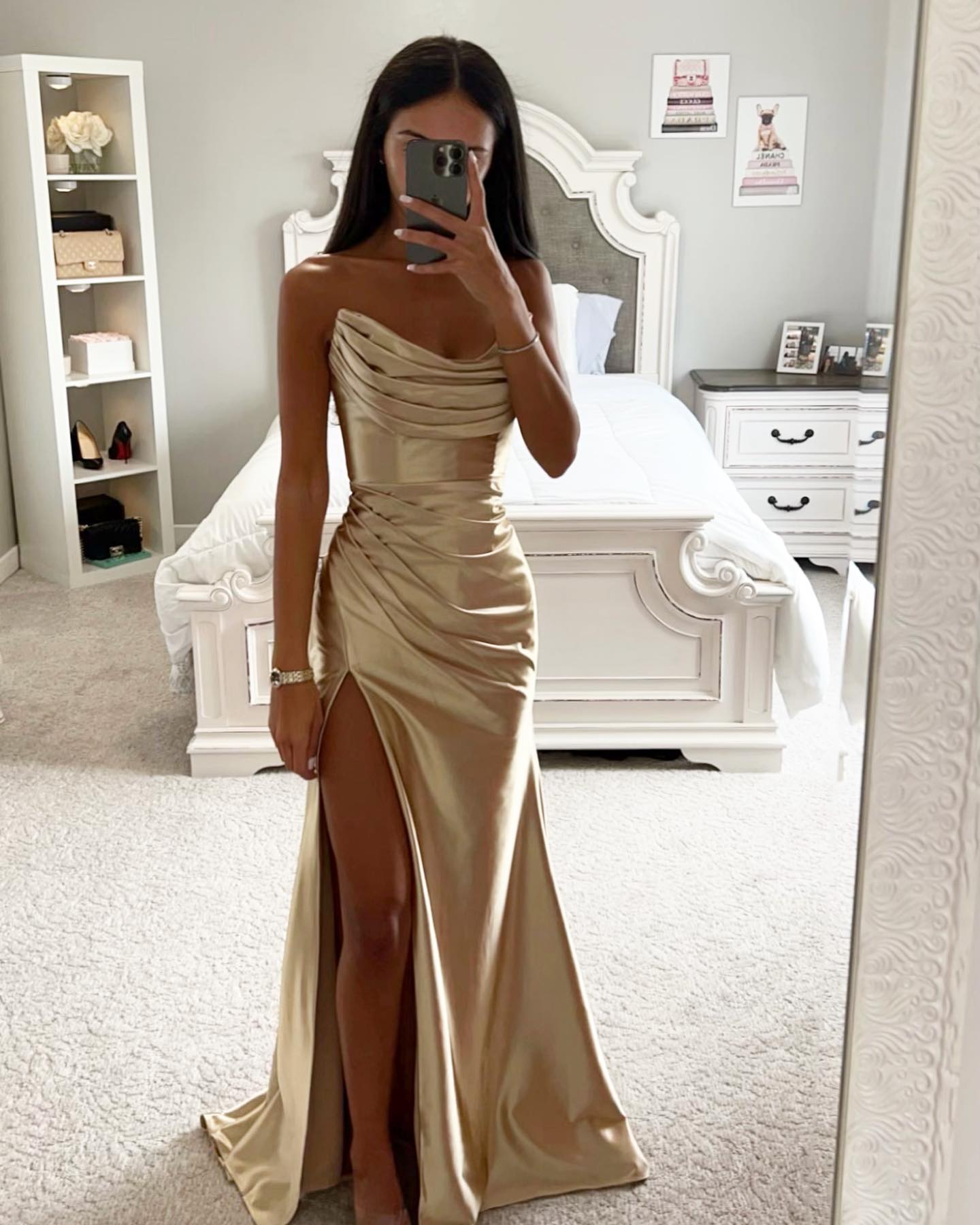 Popular Champagne Gold Prom Dresses Strapless Evening Gowns Pleats Sheath Split Bridsemaids Red Carpet Long Special Ocn Party Dress