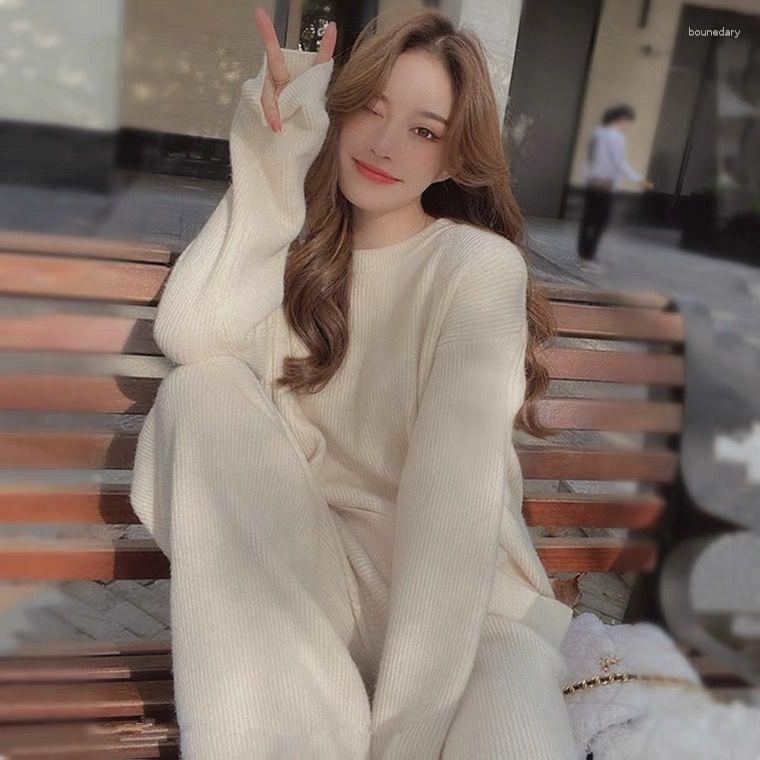 Women's Two Piece Pants 2023 Autumn Winter Fashion Women's Striped O-neck Sweater And Long Wide Leg Trousers Suits Female Knitted Set, White
Women's Two Piece Pants 2023 Autumn Winter Fashion Women's Striped O-neck Sweater And Long Wide Leg Trousers Suits Female Knitted Set, White