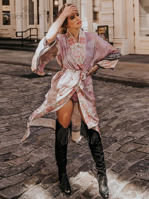 Basic Casual Dresses Bohemian Printed Self Belted Loose Summer Beach Tunic Plus Size Long Kimono Women Street Wear Casual Maxi Dress N996 230621