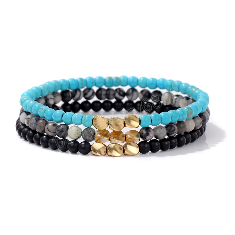3pcs/set Gold Color Twisted Beads Bracelet 4MM Natural Stone Braided Bracelet Set For Women Men Lapis Lazuli Turquoises Bangles