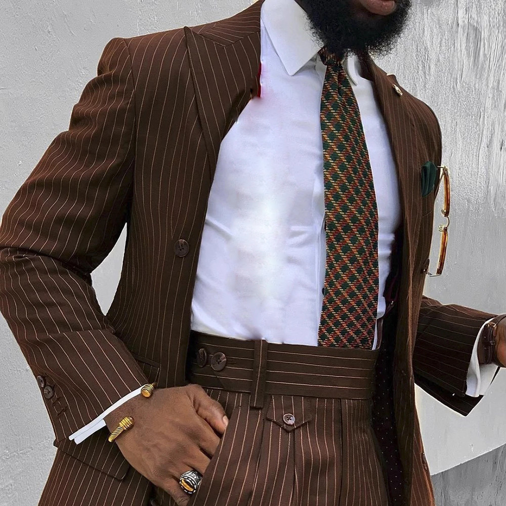 Brown Stripe Double Breasted Men Suit Wedding Tuxedos 2 Pieces Slim Fit Man Peaked Lapel Blazer Trousers