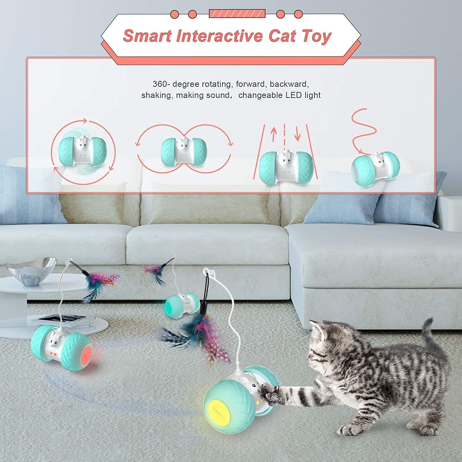 Interactive Cat Indoor Automatic Kitten Toys Electronic with Mouse and 3 Feathers for Cats to Play Alone Exercise 230625