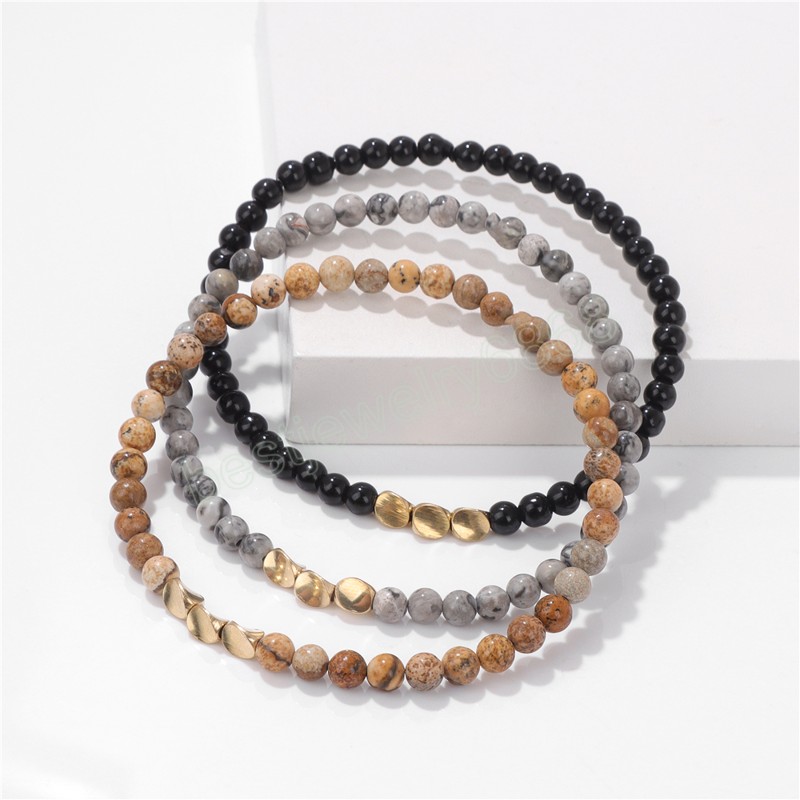 3pcs/set Gold Color Twisted Beads Bracelet 4MM Natural Stone Braided Bracelet Set For Women Men Lapis Lazuli Turquoises Bangles