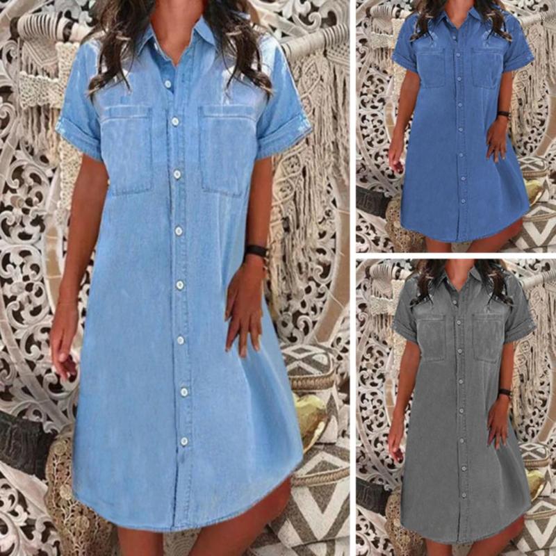 Casual Dresses Stylish Jean Dress Ladies Denim Short Sleeve Buttons Knee Length Relaxed-Fit