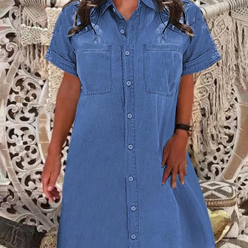 Casual Dresses Stylish Jean Dress Ladies Denim Short Sleeve Buttons Knee Length Relaxed-Fit