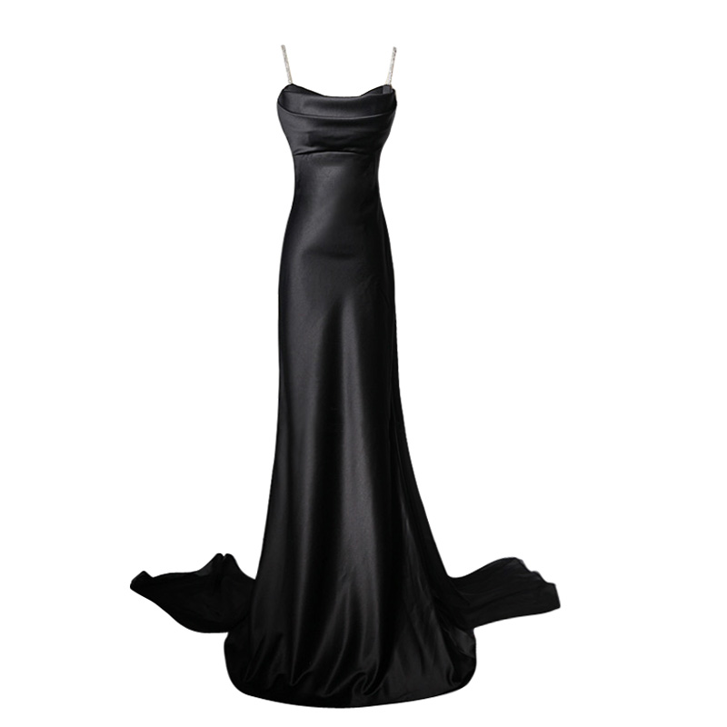 Sexy Black Evening Dress Long Prom Gowns Simple Design with Shining Beading Crystal Along the Strap