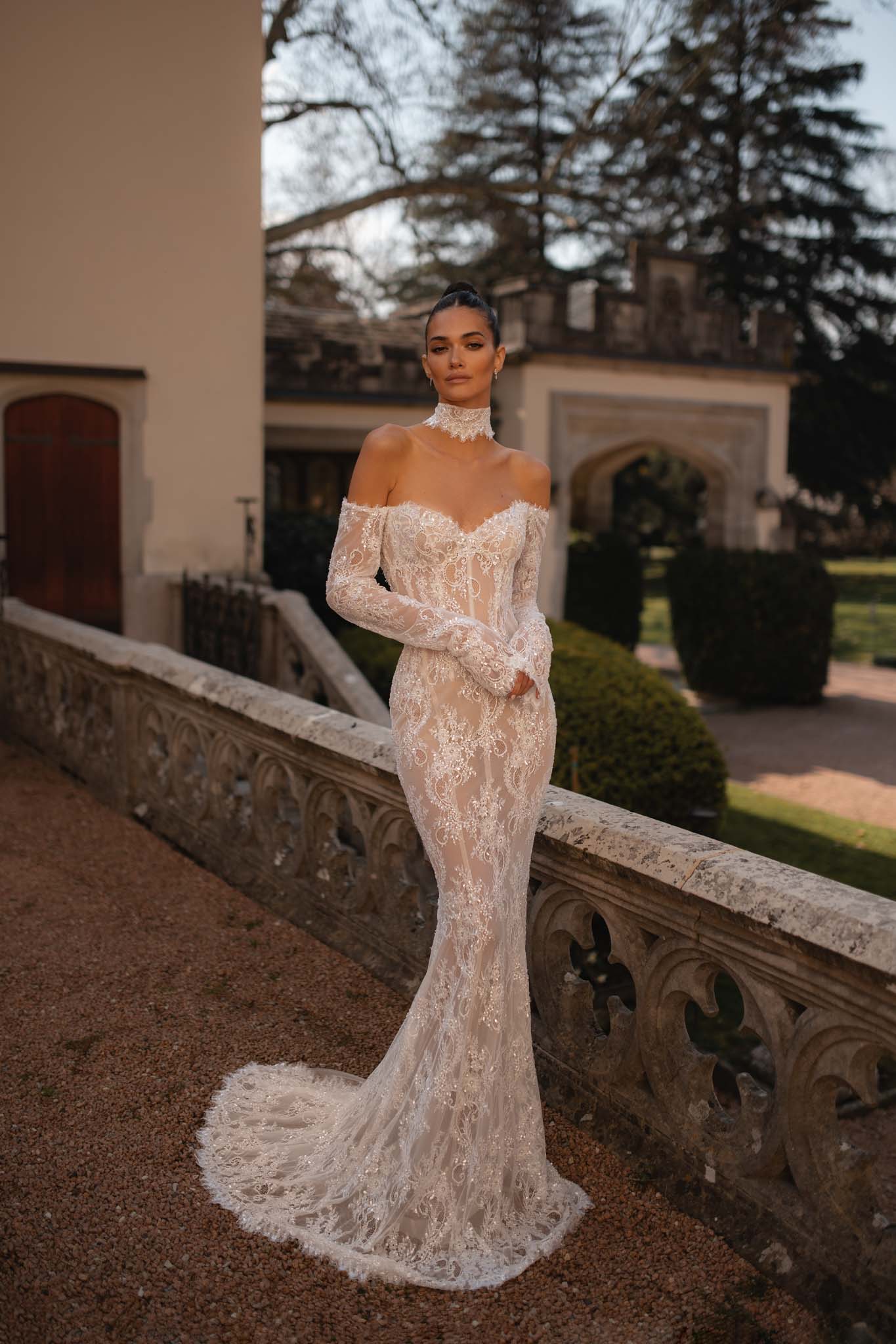 Berta Lace Mermaid Dresses Off Shoulder Sleeves Dress Sweep Train Illusion Back Wedding Bridal Gowns 0515