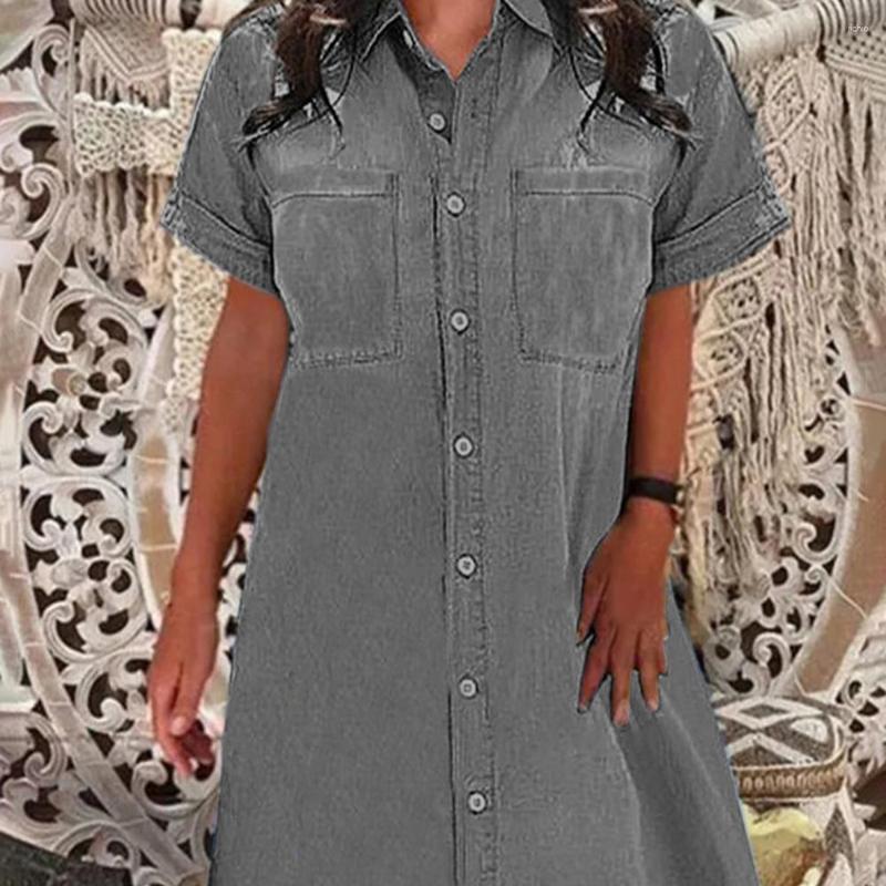Casual Dresses Stylish Jean Dress Ladies Denim Short Sleeve Buttons Knee Length Relaxed-Fit