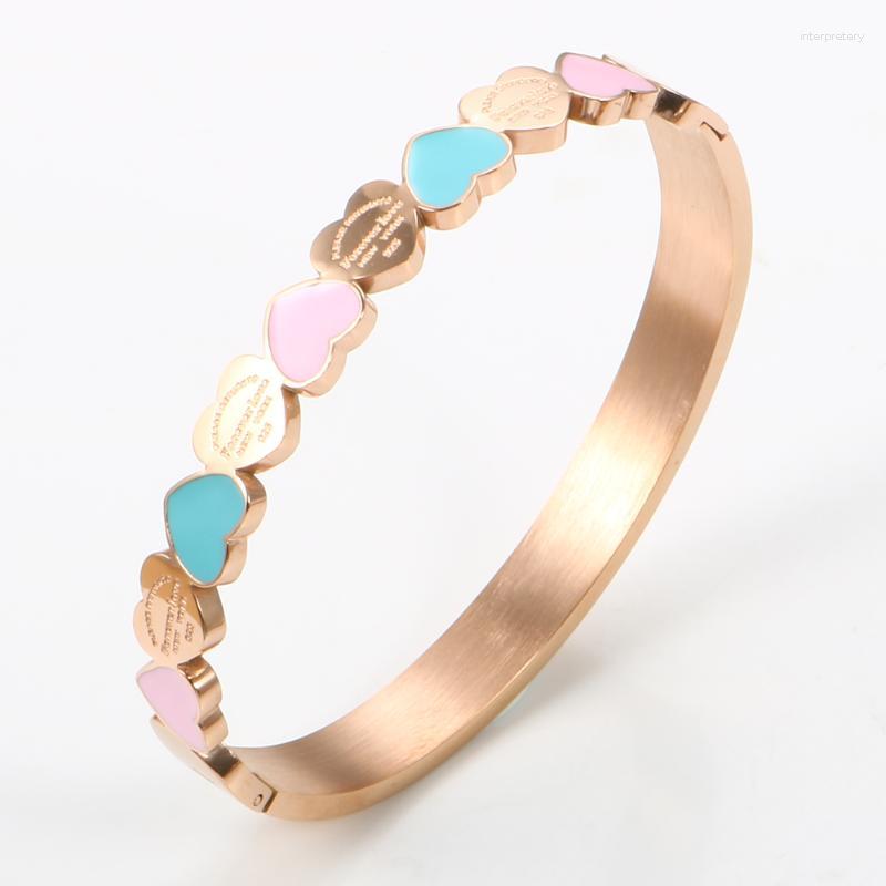Bangle Gold Color Blue And Pink Enamel Forever Love Heart Charm Bangle&Bracelet For Women Girlfriend Promise Wedding Jewellry Gifts Melv22
