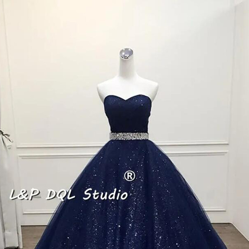 Stunning Navy Blue Ball Gown Prom Dress Bling Bling Quinceanera Dress Shining Sash Long vestidos festa Formal