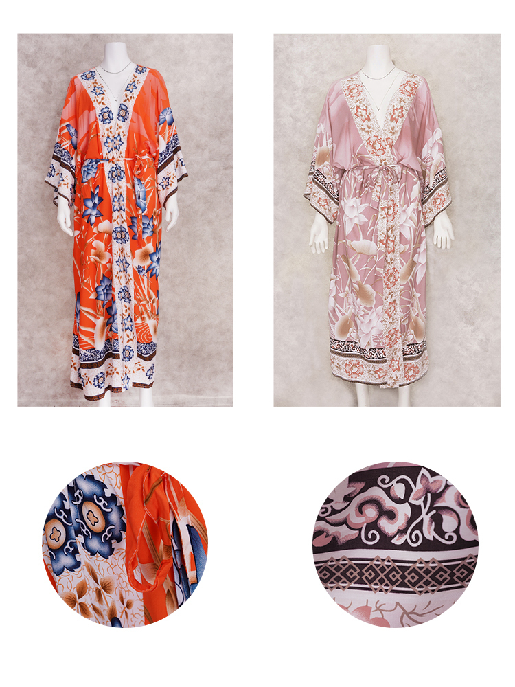 Basic Casual Dresses Bohemian Printed Self Belted Loose Summer Beach Tunic Plus Size Long Kimono Women Street Wear Casual Maxi Dress N996 230621
