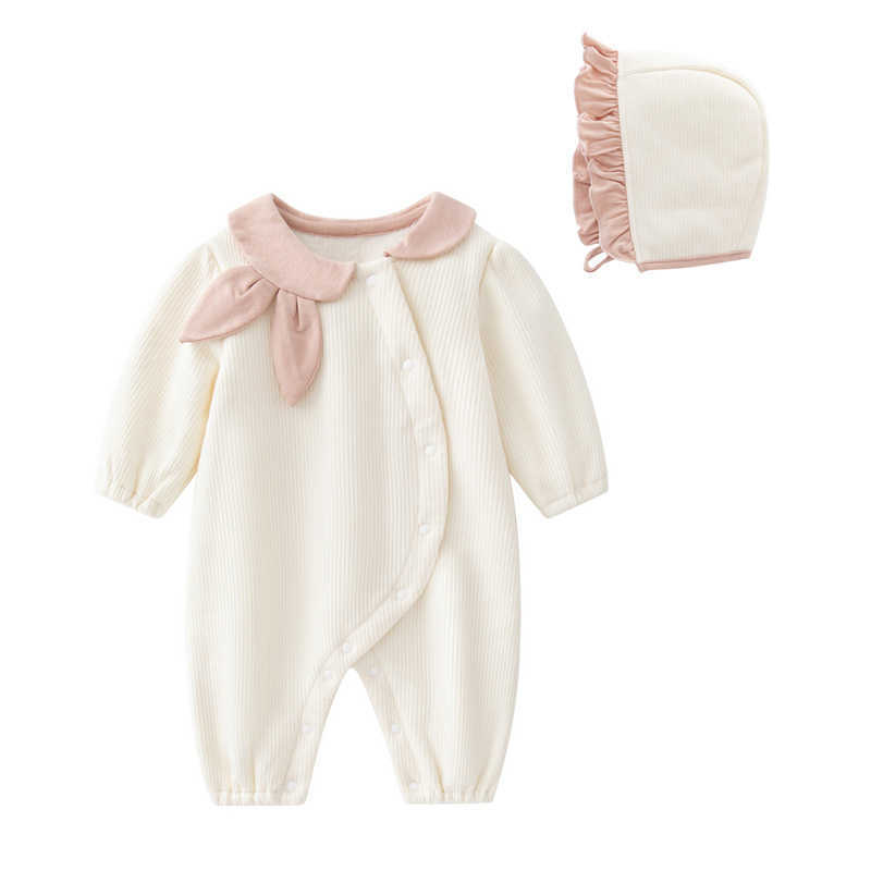 0-1-year-old spring plush baby girl climbing suit long-sleeved cute hooded romper baby one-piece children's wear L230625