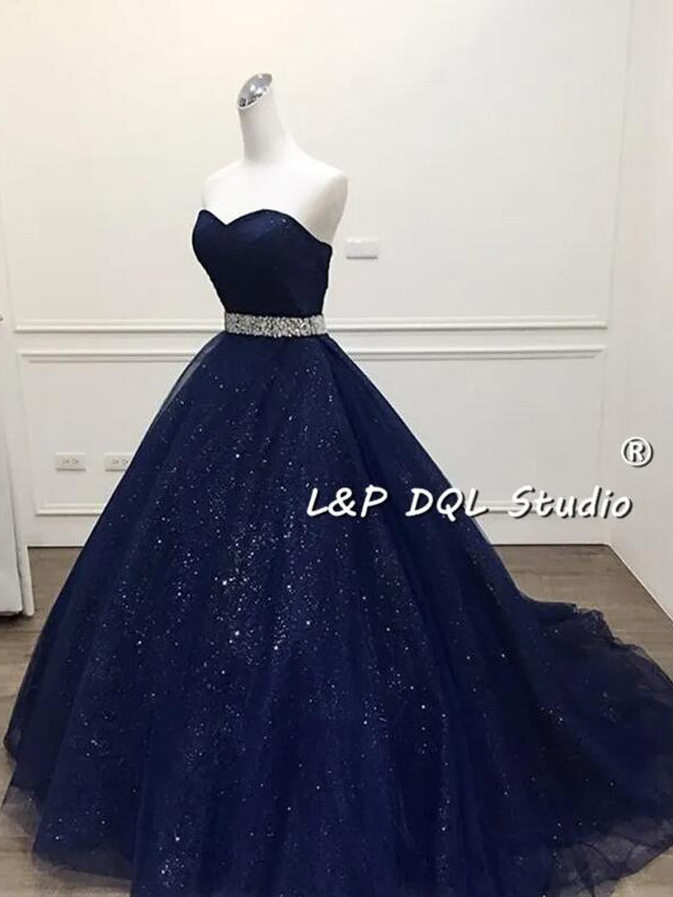 Stunning Navy Blue Ball Gown Prom Dress Bling Bling Quinceanera Dress Shining Sash Long vestidos festa Formal