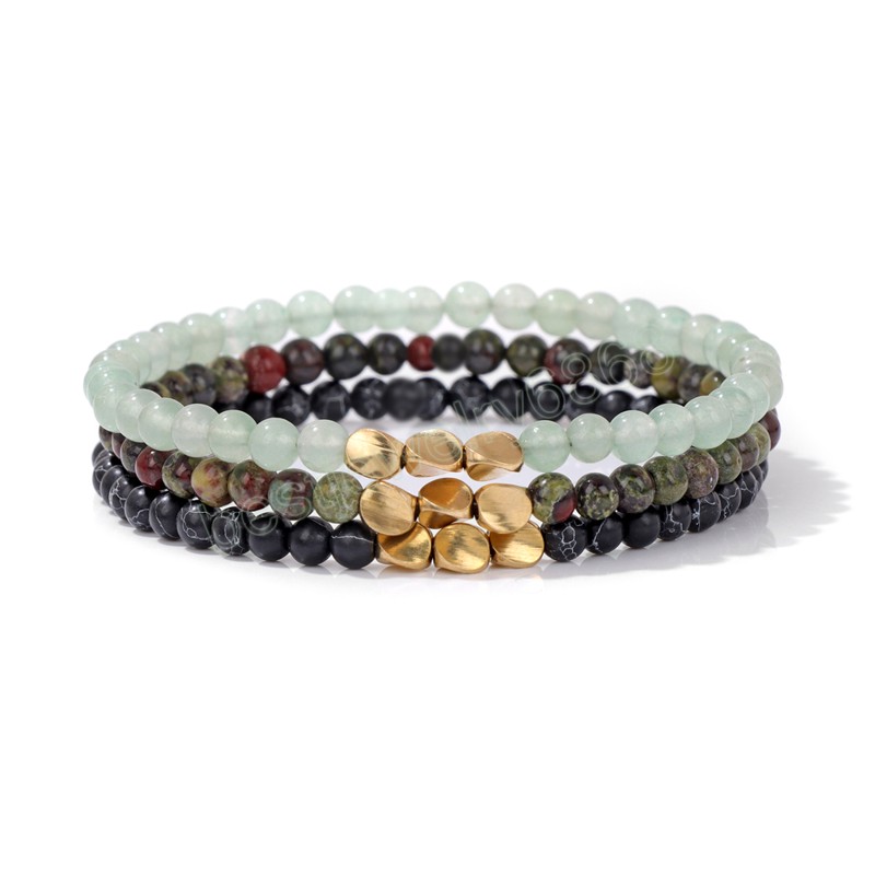 3pcs/set Gold Color Twisted Beads Bracelet 4MM Natural Stone Braided Bracelet Set For Women Men Lapis Lazuli Turquoises Bangles