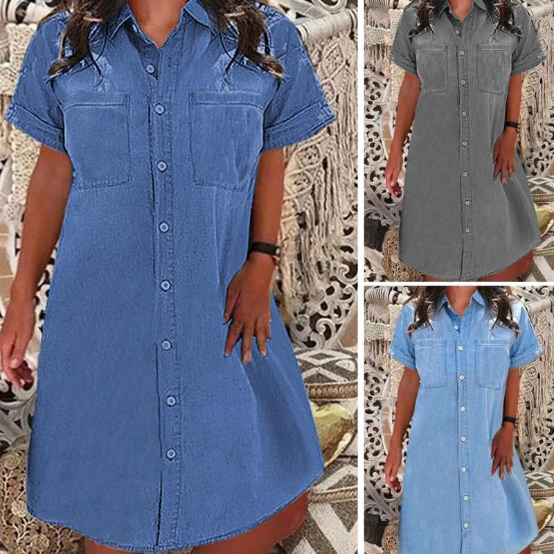 Casual Dresses Stylish Jean Dress Ladies Denim Short Sleeve Buttons Knee Length Relaxed-Fit