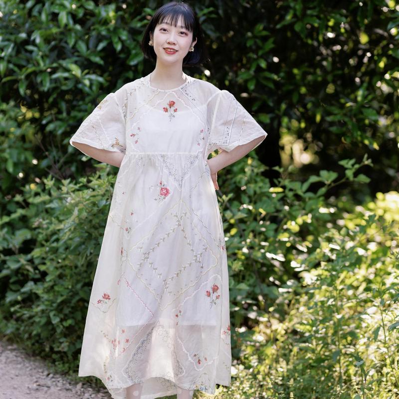 Party Dresses 102cm Chest / Spring Summer Women Elegant Vintage Style Loose Floral Print Sheer Silken Cotton, White 
Party Dresses 102cm Chest / Spring Summer Women Elegant Vintage Style Loose Floral Print Sheer Silken Cotton, White