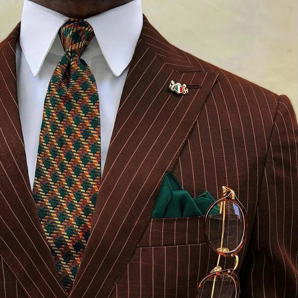 Brown Stripe Double Breasted Men Suit Wedding Tuxedos 2 Pieces Slim Fit Man Peaked Lapel Blazer Trousers