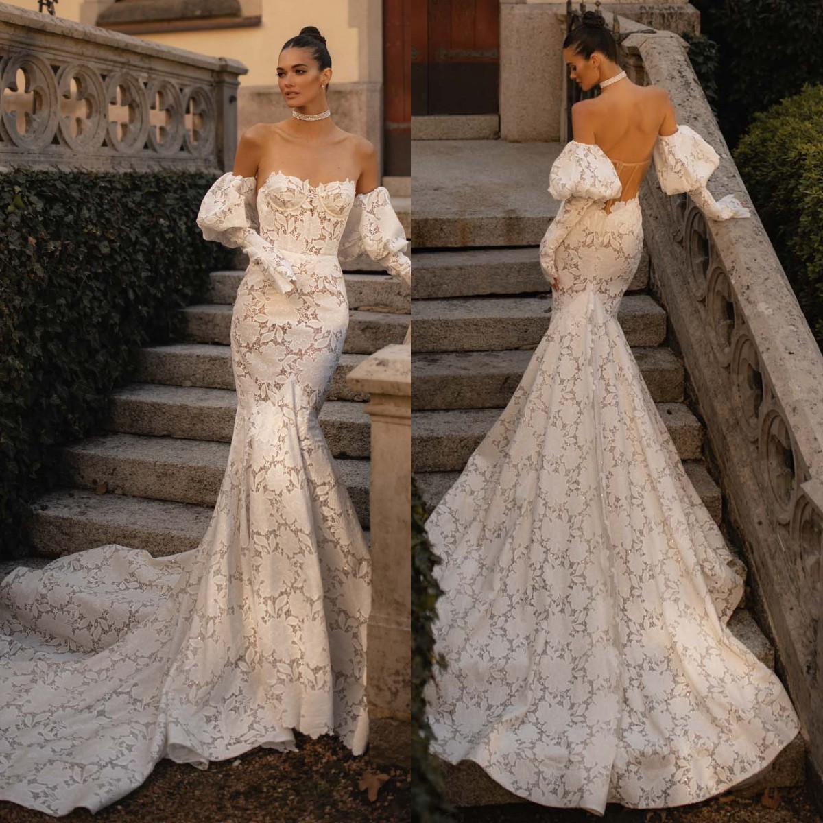 Berta Lace Mermaid Dresses Sweetheart Puffy Sleeves Wedding Dress Sweep Train Illusion Back Wedding Bridal Gowns