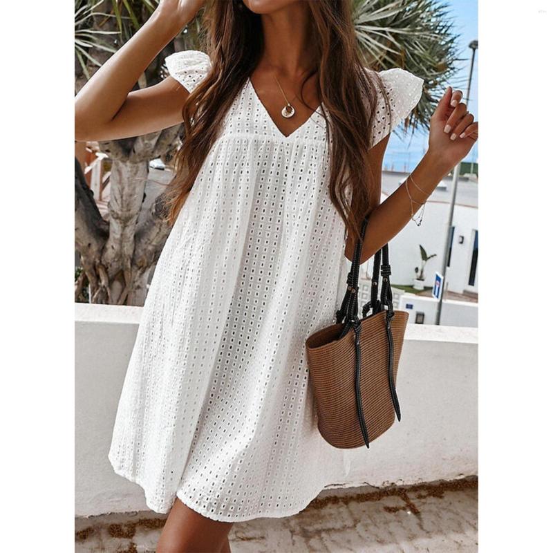 Casual Dresses Solid Hollow Out Short Dress Women Sexy V Neck Butterfly Sleeve Lace Oversize Loose Summer Beach Ladies Mini Vestidos