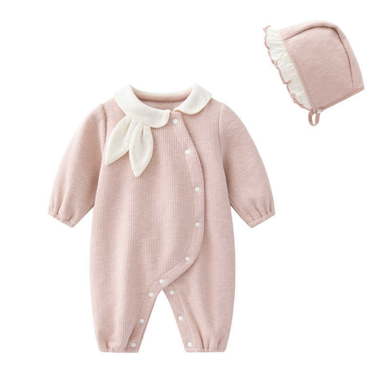 0-1-year-old spring plush baby girl climbing suit long-sleeved cute hooded romper baby one-piece children's wear L230625