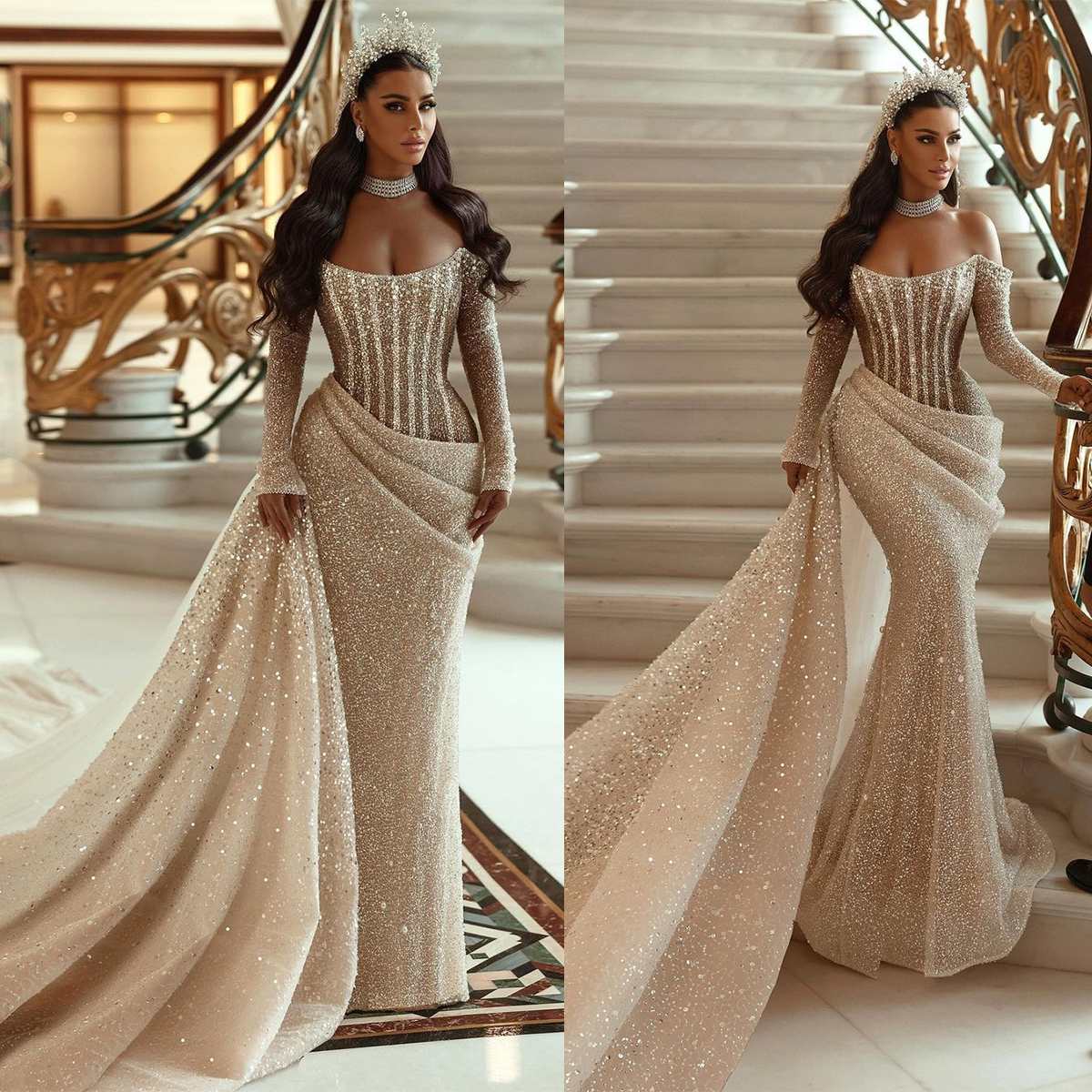 Elegant Bateau Long Sleeves Pleated Mermaid Wedding Dress with Detachable Train
