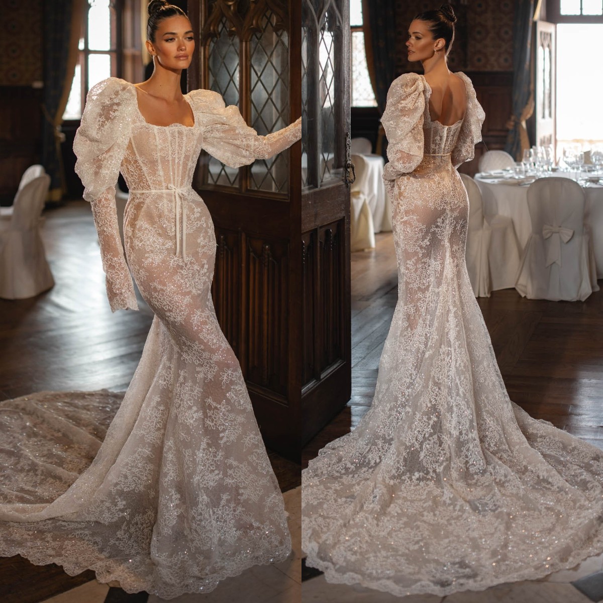 Berta Lace Mermaid Dresses Square Neck Puffy Long Sleeves Wedding Dress sweep train wedding bridal gowns