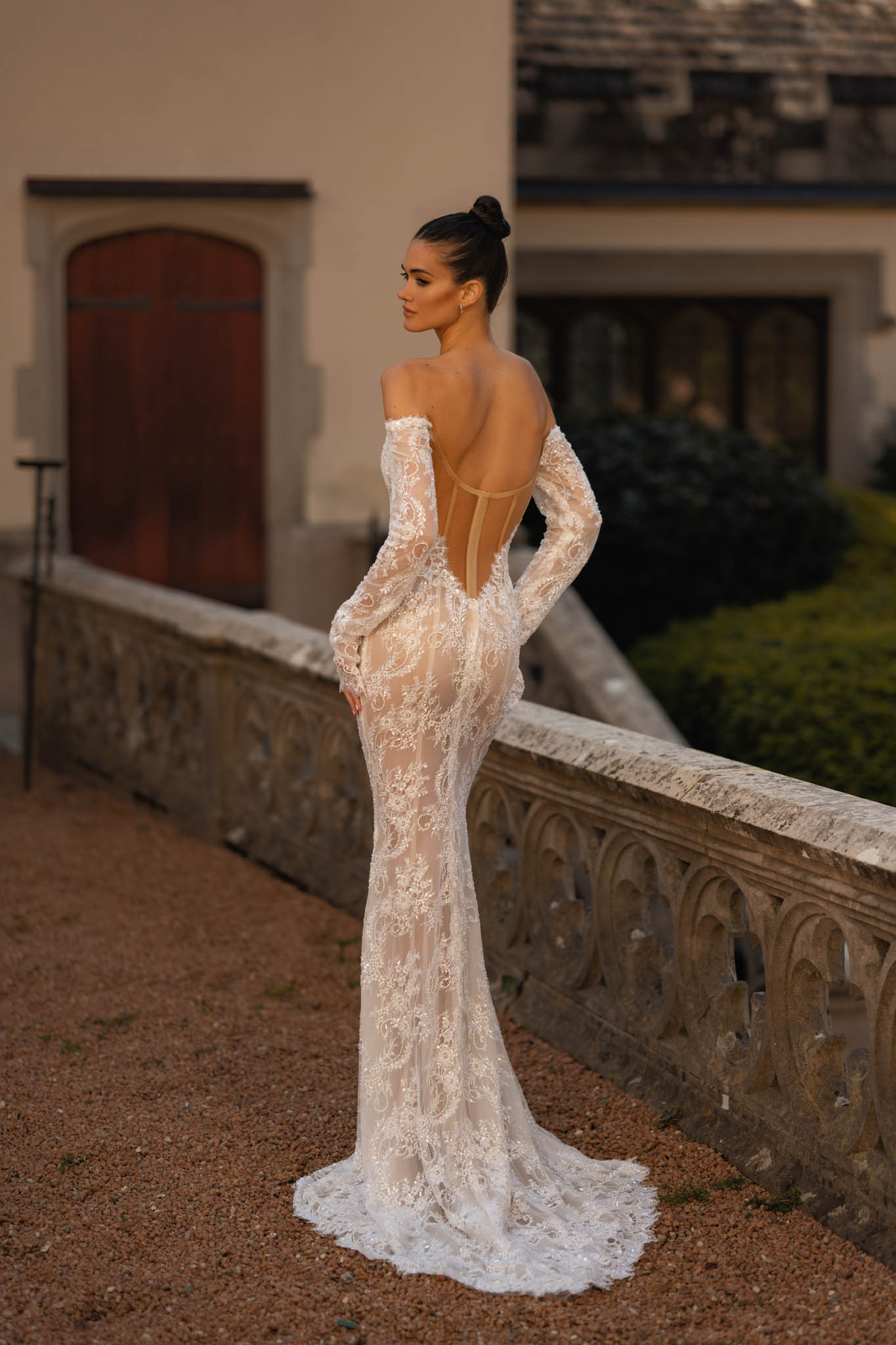Berta Lace Mermaid Dresses Off Shoulder Sleeves Dress Sweep Train Illusion Back Wedding Bridal Gowns 0515