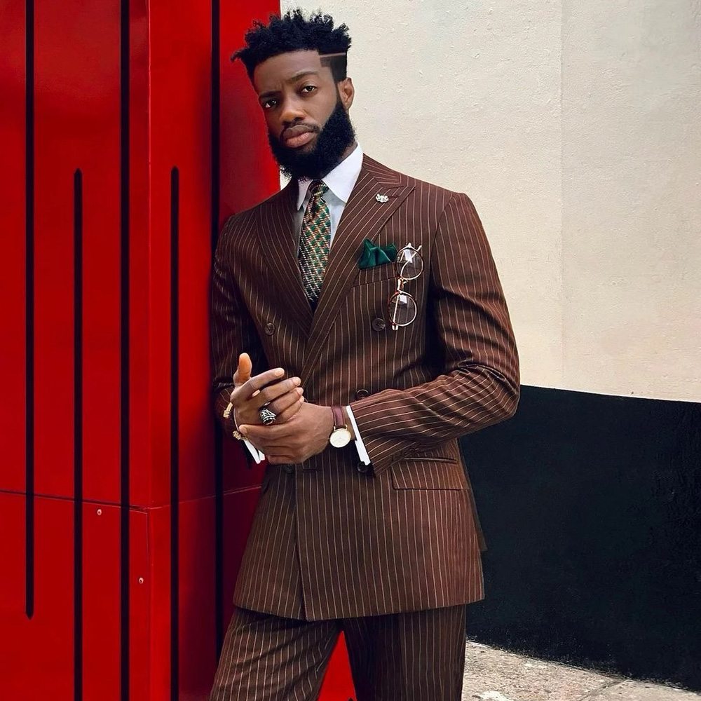 Brown Stripe Double Breasted Men Suit Wedding Tuxedos 2 Pieces Slim Fit Man Peaked Lapel Blazer Trousers